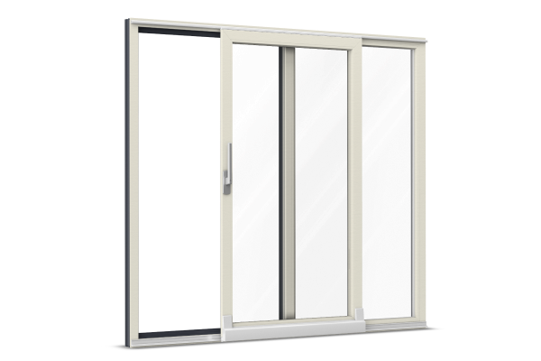 Baie vitrée coulissante à translation PVC-alu blanc crème imitation bois